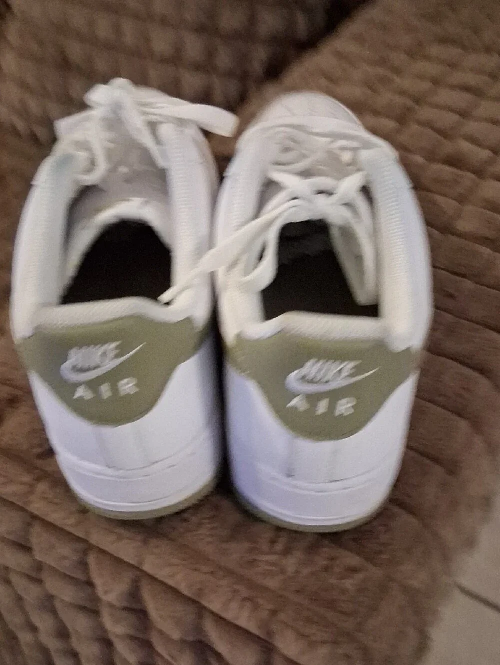 Nike White Low-Top Athletic Sneakers with Olive Swoosh